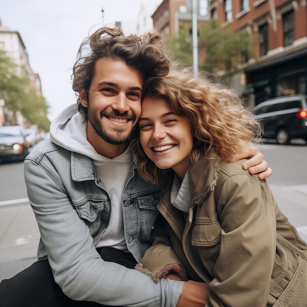 Foto twee jonge volwassenen die elkaar omhelzen op een stadsstraat