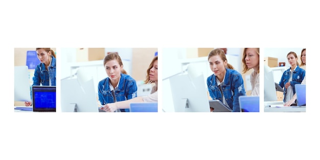 Foto twee jonge vrouw staande in de buurt van bureau met instrumentenplan en laptop