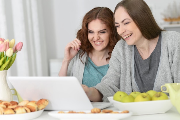 Twee jonge vrouwen die laptop gebruiken en thee drinken