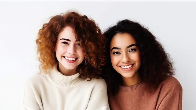 twee jonge vrouwen die naar de camera kijken en glimlachen terwijl ze tegen een witte achtergrond staan Generatieve AI