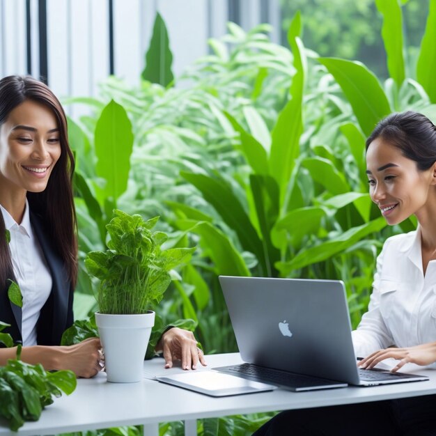 Foto twee jonge vrouwen die op laptop werken