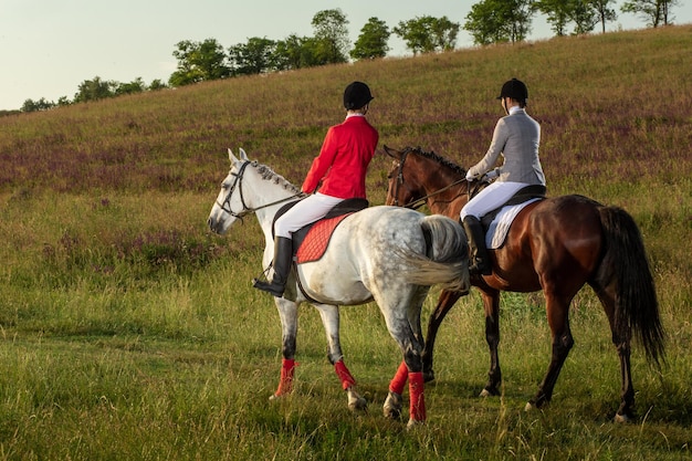 Twee jonge vrouwen die paard in park berijden. Paardenwandeling in de zomer. Buitenfotografie in lifestyle mood