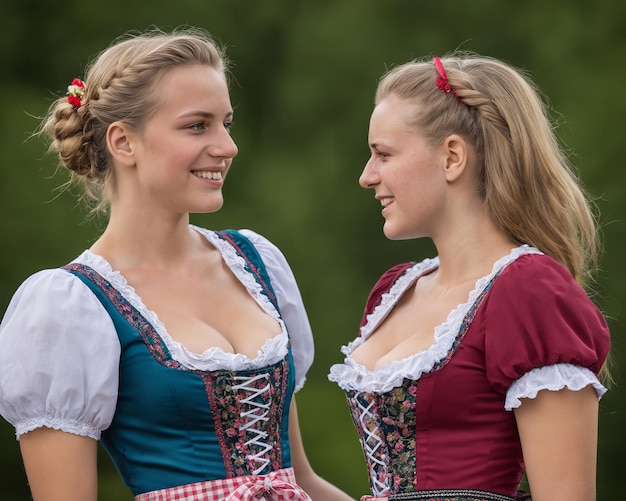 Twee jonge vrouwen gekleed in traditionele Beierse kleding