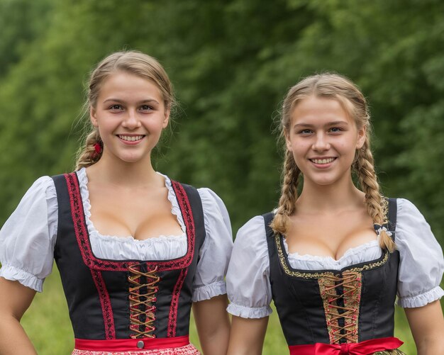 Foto twee jonge vrouwen gekleed in traditionele beierse kleding