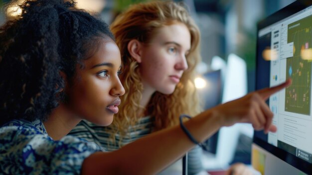 Foto twee jonge vrouwen gericht op een computerscherm ideaal voor het illustreren van teamwerk samenwerking technologie of kantooromgeving concepten