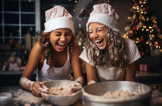 Foto twee jonge vrouwen in kerstmutsen spelen in de keuken