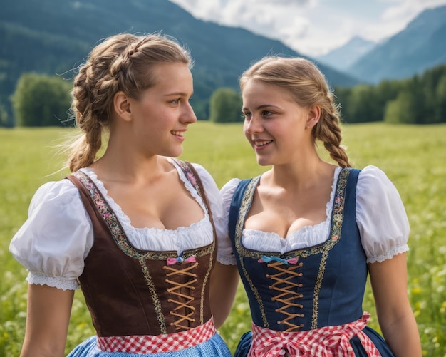 Twee jonge vrouwen in traditionele Beierse jurken.