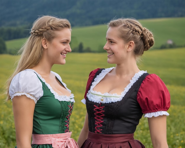 Twee jonge vrouwen in traditionele Beierse jurken.