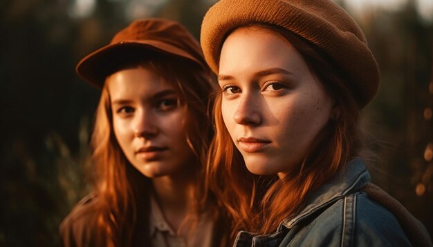 Twee jonge vrouwen lachend kijken naar camera buitenshuis gegenereerd door AI