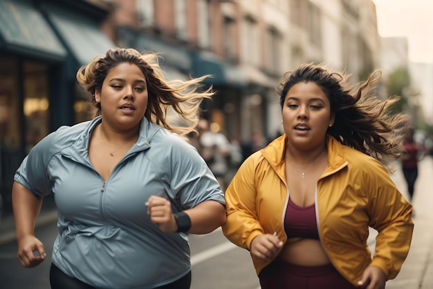 Foto twee jonge vrouwen met een plusgrootte die samen snel rennen op een stadsstraat in hardloopkleding.