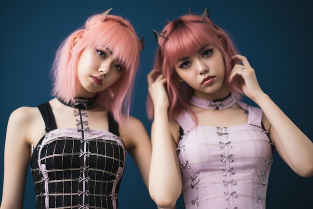 twee jonge vrouwen met roze haar poseren voor een foto