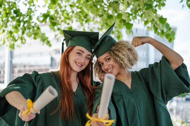 Twee jonge vrouwen met universiteitsdiploma's in hun handen op hun afstudeerdag Concept studies onderwijs