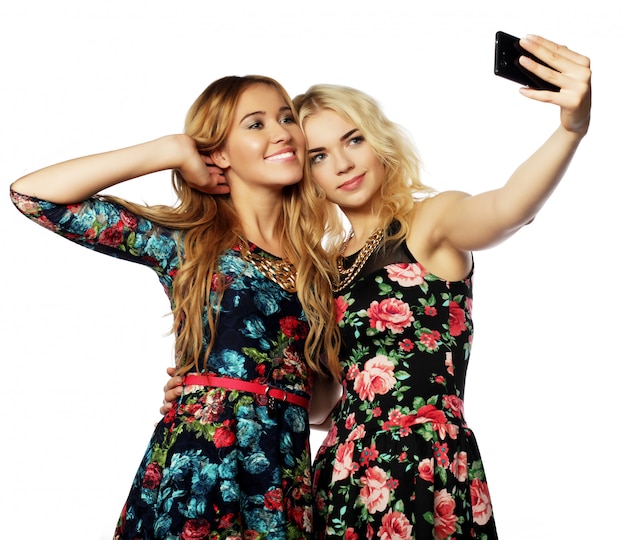 Twee jonge vrouwen nemen selfie met mobiele telefoon