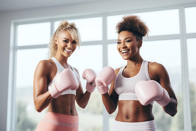 Twee jonge vrouwen van blanke en Afro-Amerikaanse uiterlijk in roze fitnesspakken