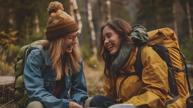 Foto twee jonge vrouwen zitten op een rots in het bos, ze dragen allebei rugzakken en lachen.