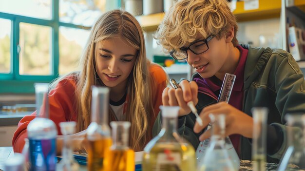 Foto twee jonge wetenschappers, een jongen en een meisje, werken in een laboratorium. ze dragen labjassen en veiligheidsbrillen.