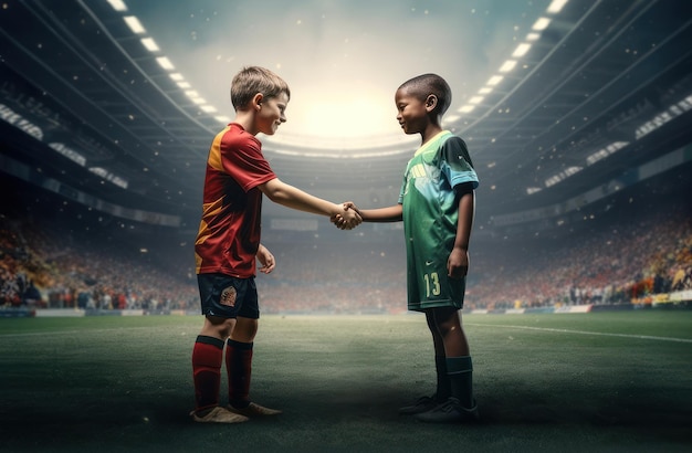 Twee jongens die handen schudden op stadionachtergrond als een concept van belang van sportiviteit en fair play waarin atleten worden getoond die respect tonen voor kameraadschap en sportiviteit