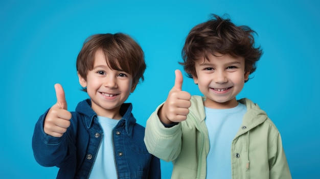 Twee jongens houden hun duimen omhoog tegen een blauwe achtergrond