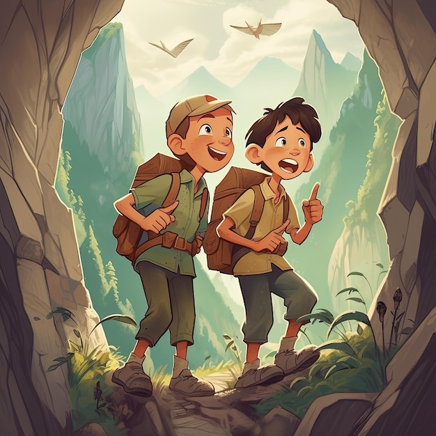 Twee jongens lopen door een tunnel met bergen op de achtergrond.