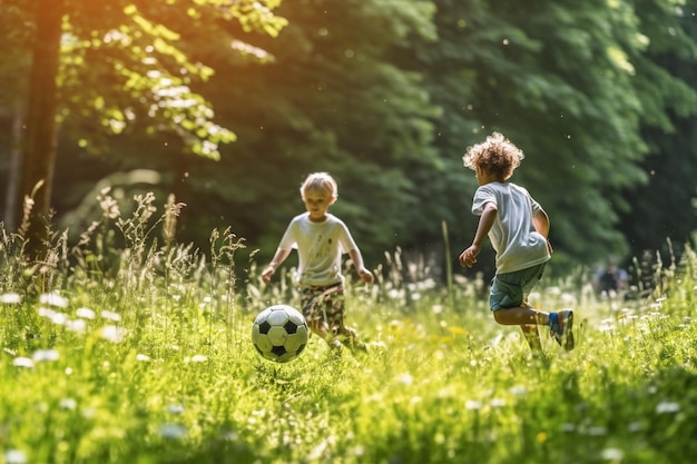 Twee jongens voetballen in een veld