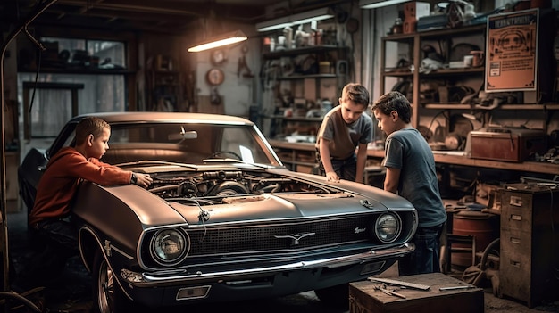 Twee jongens werken aan een auto in een garage