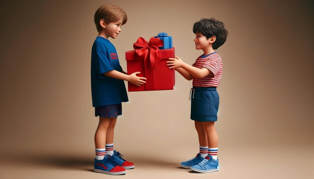 Foto twee jongens wisselen geschenken uit. eén in blauw met een rode doos. de andere in strepen en pet met een blauwe doos.