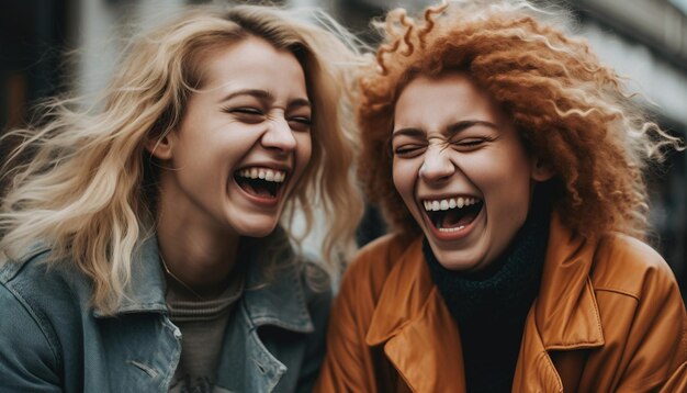 Foto twee jongvolwassenen omhelzen elkaar in een zorgeloze speelse relatie gegenereerd door ai