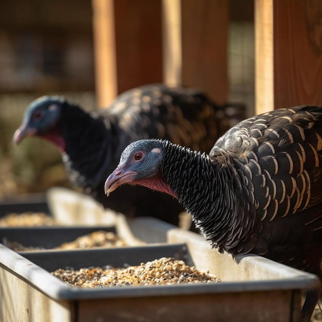 Twee kalkoenen eten op een boerderij. Ze pikken op graan en zaden.