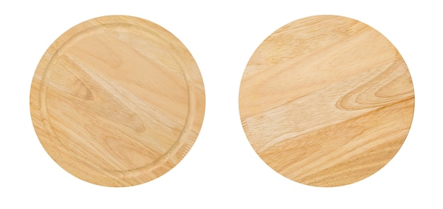 Twee kanten van ronde houten snijplank voor pizza geïsoleerd op een witte achtergrond. Mockup voor voedselproject.