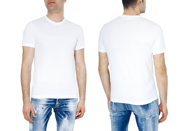 Twee kanten van witte t-shirts met kopie ruimte op grijze achtergrond