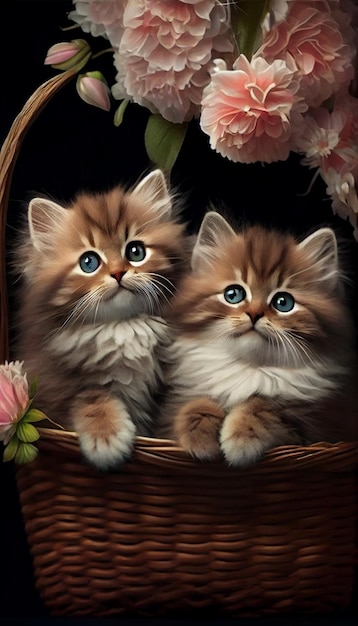 Twee katjes die in een mand met bloemen generatieve ai zitten