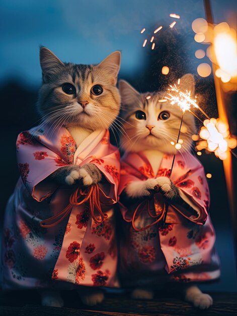 twee katten die een roze kimono dragen en een met een roze strik op hun nek