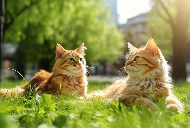 Twee katten die op groen gras zitten