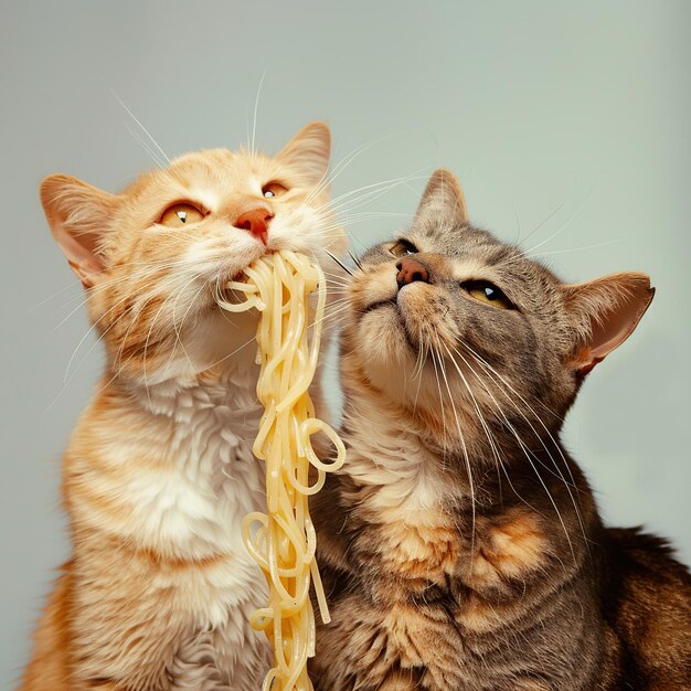 Twee katten die spaghetti delen op een grijze achtergrond Closeup portret