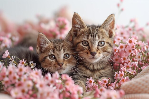 Foto twee katten in bloemen.