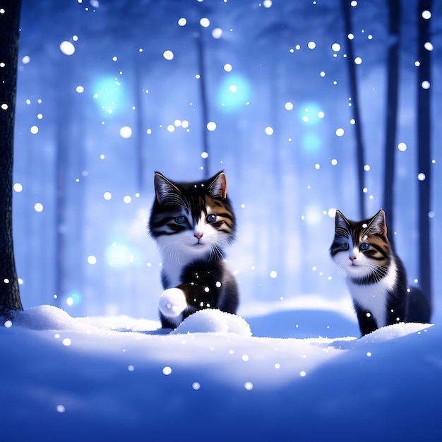 Twee katten in de sneeuw met sneeuw op de grond