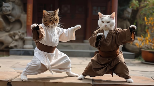 Foto twee katten in karate outfits die vechtkunsten beoefenen.