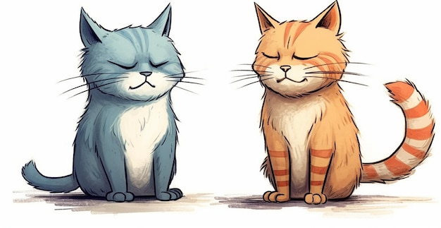 twee katten met hun ogen dicht, een heeft een blauw en oranje gestreept patroon.