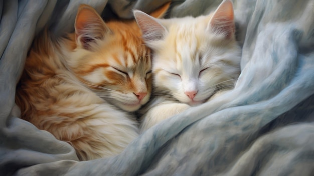 Twee katten slapen samen in een deken ai