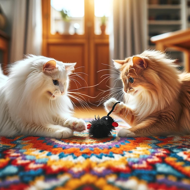 Twee katten, wit en rood, vechten en strijden om een speelgoedmuis.