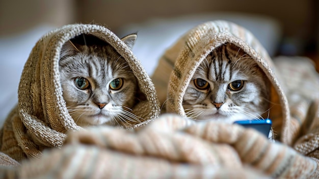 Foto twee katten zitten in een deken en een van hen houdt een mobiele telefoon vast.