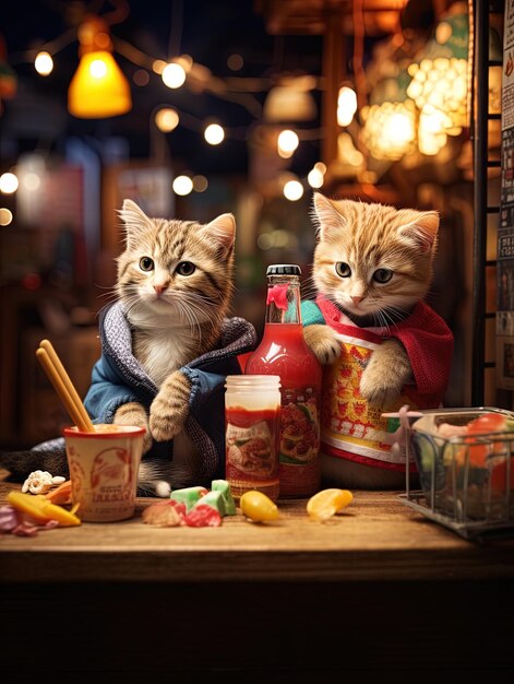 twee katten zitten op een toonbank met een fles ketchup