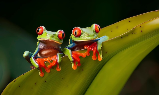 Foto twee kikkers op een blad met onderaan het woord boom.