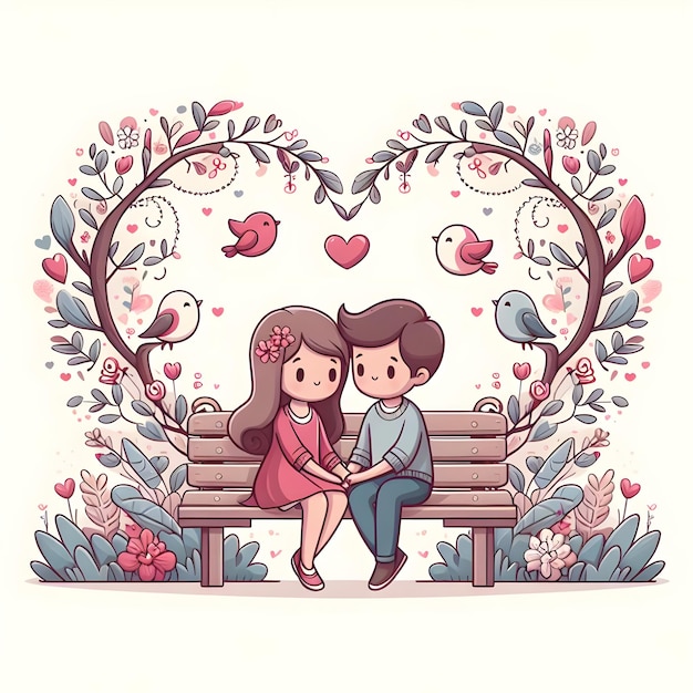 Twee kinderen delen een teder moment op een bankje onder een bloemenboog Fijne Valentijnsdag verliefd