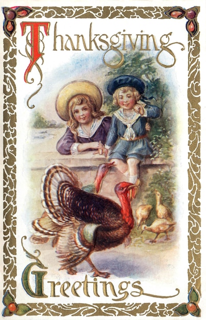 Twee kinderen die bij omheining zitten die op een kalkoen letten. Het vintage Briefkaart van het Thema van de Thanksgiving, hersteld kunstwerk, kleur, verbeterde details. Feestelijke herfstillustraties uit het verleden.