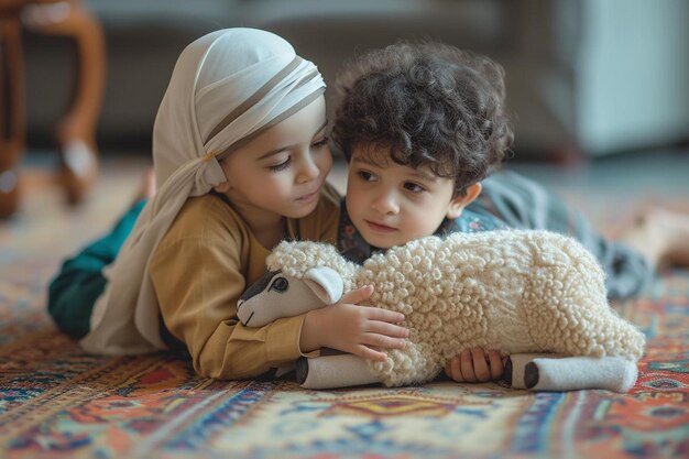 twee kinderen die op de vloer liggen met een knuffeldier