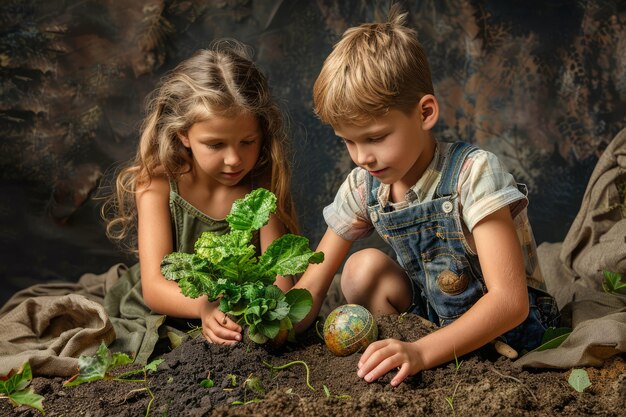 Twee kinderen die zich bezighouden met de activiteit van de Dag van de Aarde Het planten van groene zaailingen in de bodem Concept van