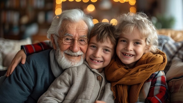 Twee kinderen en een oudere man lachend naar de camera AI