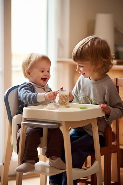 Twee kinderen eten taart en één draagt een grijs shirt.