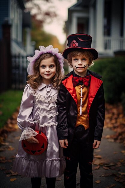 twee kinderen gekleed in halloween kostuums op een stoep